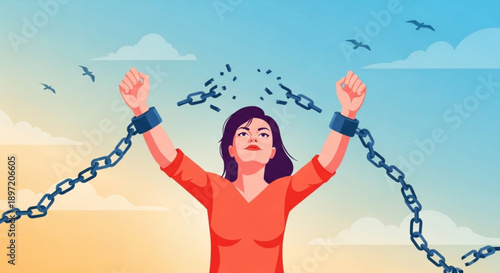Woman Breaking Free from Chains during Sunset, Symbolizing Freedom and Liberation