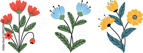 Colorful handdrawn floral illustrations featuring various flowers and leaves