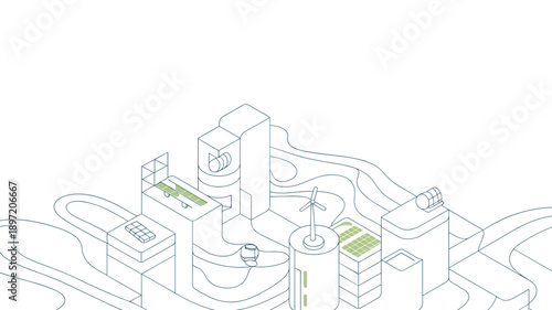 Isometric futuristic city with renewable energy sources and organic flowing lines solar panels