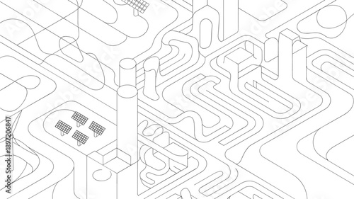 Isometric view of a sustainable energy system with wind turbines solar panels and intricate pipe network in line