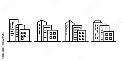 Modern building icons, city skyline, architectural elements, office tower symbols, urban landscape, structure representations, business district graphics