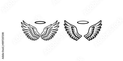 Angel wings and halo set for spiritual design religious art heavenly concept bird feathers icon flight symbol protection emblem peace and purity element
