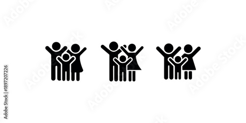 Family silhouette icon set with parents and child celebrating together with raised hands representing love unity happiness and domestic life connection
