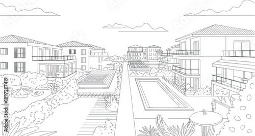 Modern residential complex with swimming pools and lush landscaping in a clean line architectural style