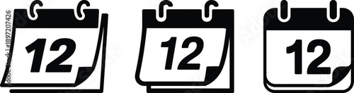 Daily calendar page icons with number twelve. Date schedule event planning and appointment flip effect symbols set vector black.