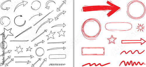 A comprehensive set of hand-drawn vector elements featuring black and red arrows, stars, and geometric frames in various sketchy styles, from thin lineart to bold, textured marker strokes.