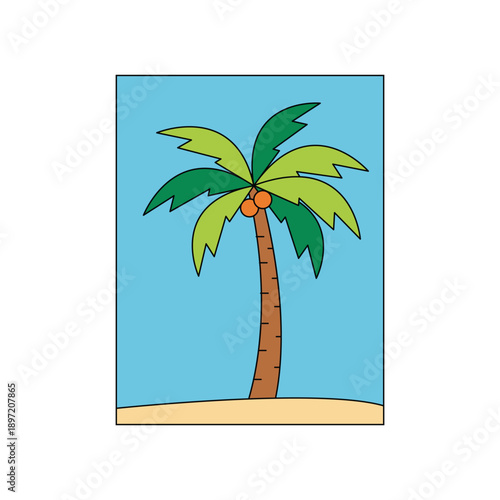 A minimalist illustration depicts a partial view of a building with blue walls and a brown base