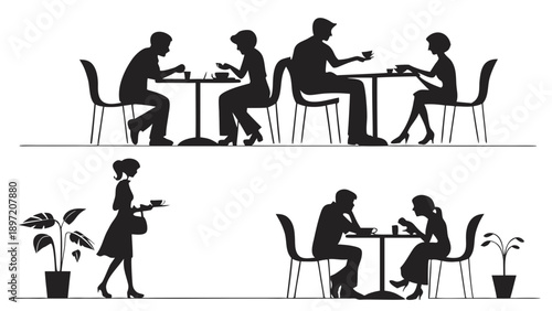 Silhouette of people sitting at tables in a restaurant setting with a waitress