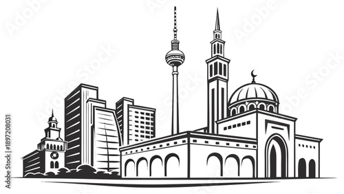 Black and white illustration of a mosque with towers and buildings