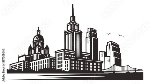 Black and white illustration of a city skyline with tall buildings and skyscrapers