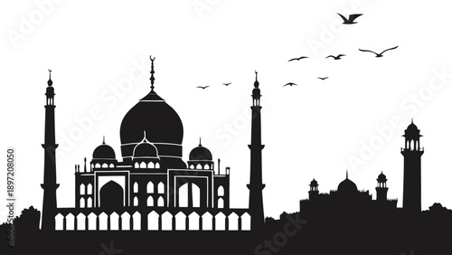 Black silhouette of the taj mahal with birds flying overhead