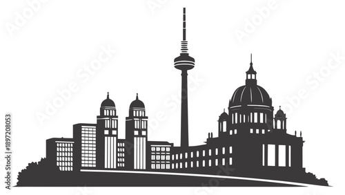 Black silhouette of a city skyline with tall buildings and towers