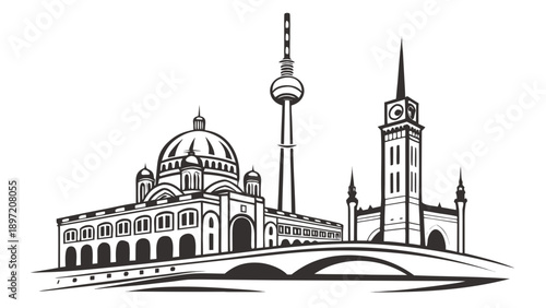 Black and white illustration of berlin cityscape with famous landmarks