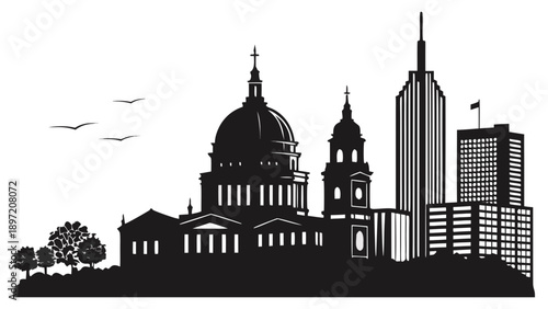 Black silhouette cityscape with cathedral and skyscrapers