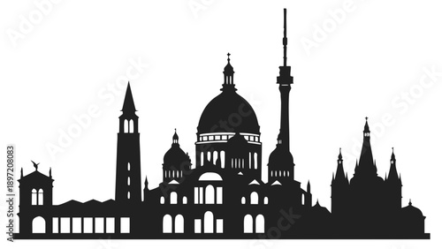 Black silhouette of a european city skyline with famous landmarks and architecture