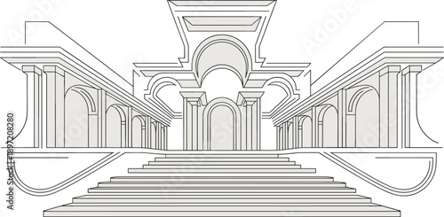 Stylized architectural of a grand classical building facade with symmetrical colonnades and a central arched entrance leading to grand staircases