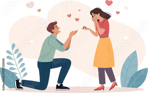 A heartfelt marriage proposal moment between a loving couple surrounded by floating hearts