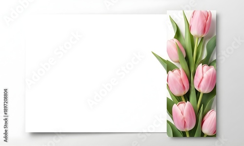 Pink tulips on a white background with green leaves