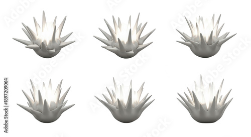 six 3d rendered white abstract objects with spiky exterior soft glowing core on white background futuristic designs