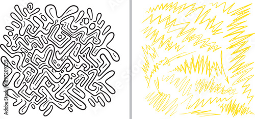 A vibrant set of hand-drawn abstract patterns featuring a complex black line maze and energetic yellow zig-zags. These sketchy textures provide a dynamic, organic feel for creative designs.