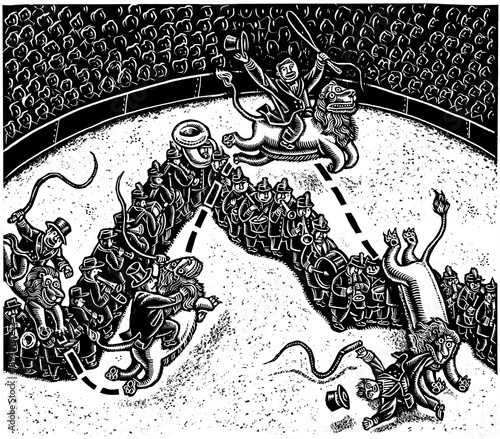Billede på lærred A circus scene in black and white, with a line of musicians parading across the circus ring