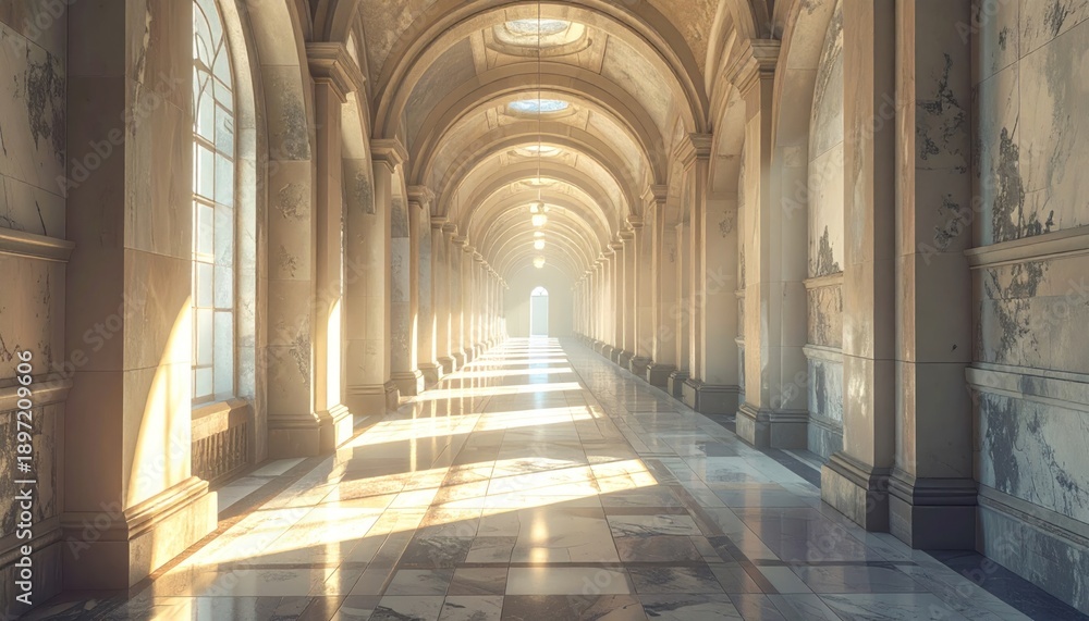 Fototapeta premium Long, arched corridor with marble floors, columns, and windows, bathed in sunlight