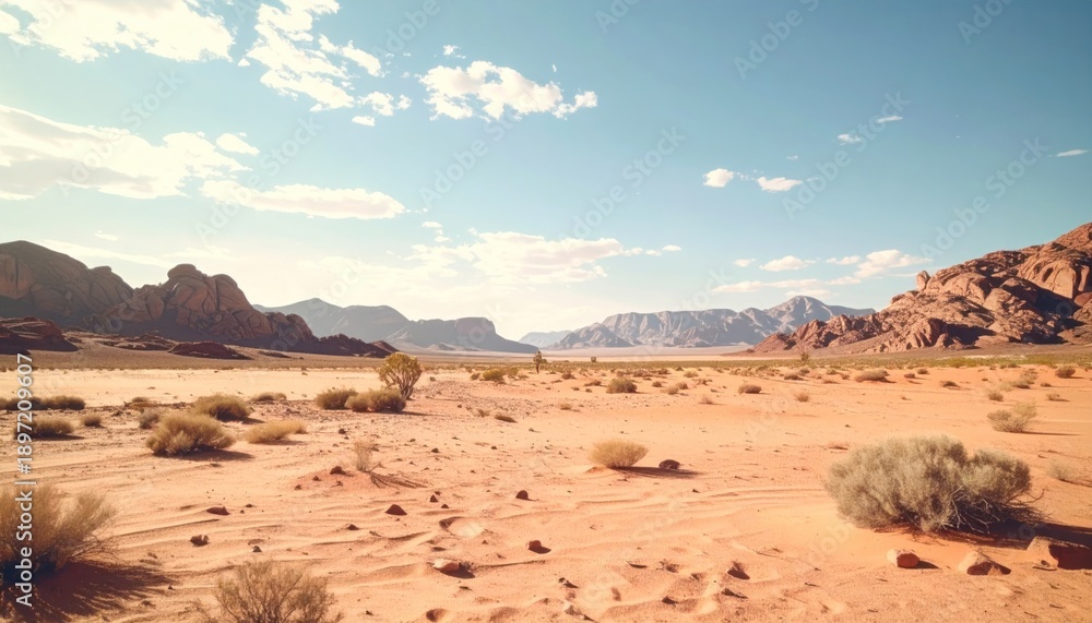 Fototapeta premium Expansive desert landscape featuring reddish rocks, sparse vegetation, and a clear blue sky