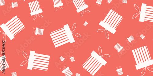 Seamless pattern of white gift boxes with ribbons on a coral background.