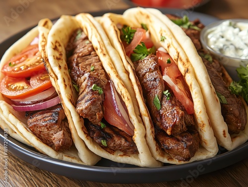 Delicious tacos filled with grilled meat, tomatoes, onions, and herbs on a plate with a side of sauce on a wooden table.
