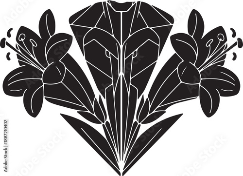 A stylized black silhouette of an abelia flower arrangement with prominent blooms, abstract central elements, and cascading leaves, ideal for elegant design.