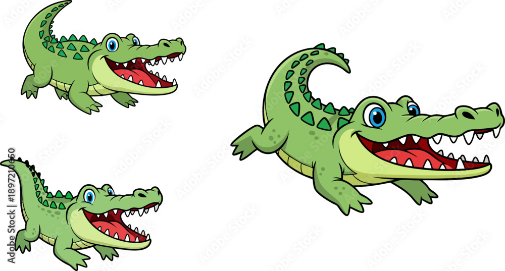 Obraz premium Collection of three cheerful cartoon green alligators or crocodiles with wide open mouths showcasing jagged teeth and playful blue eyes in various dynamic poses isolated against a black background per