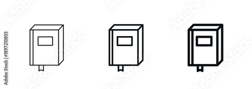 Hardcover book with a bookmark icon in thin, regular, and bold line styles. Reading, education, literature, learning symbol. For web, mobile, e-commerce. Vector illustration isolated on white