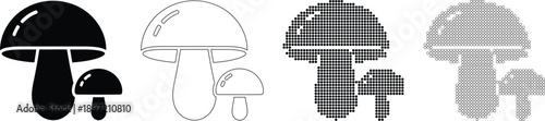 Four black and white mushroom in different styles outline dotted