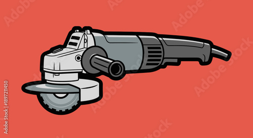 A graphic illustration of an angle grinder tool in action during construction on a red background from a side viewpoint