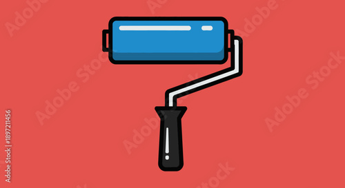 Paint roller in action on construction site wall, modern renovation tool, interior design element, graphic illustration, isolated on red background