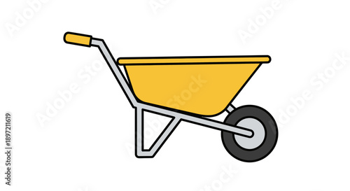 A bright yellow wheelbarrow in a construction setting viewed from the side
