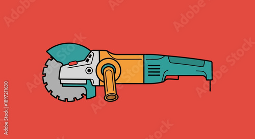 Construction saw illustration on a red background showing tool handle and cutting disc