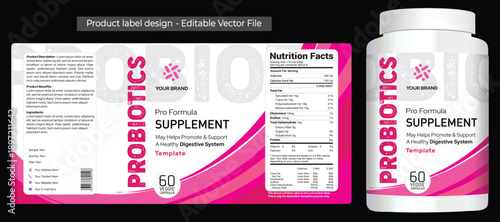 Probiotic supplement label design branding, pink white product label design, packaging design for women care products, female care supplement packaging jar label design, editable vector branding file