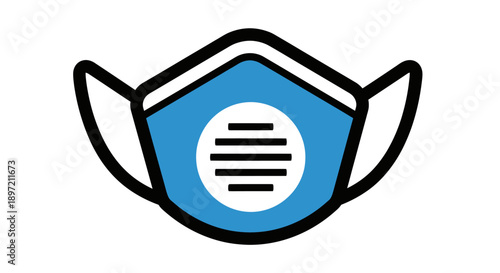 A blue face mask with a filter icon on it sits on a white background depicted in a simple 2D illustration