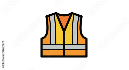 Illustration of a safety vest with reflective strips on a construction worker's uniform, viewed from the front, highlighting safety features