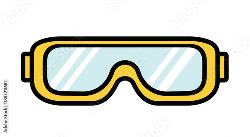 Illustration of diving goggles with yellow frame and light blue lenses on a plain background from a straightforward viewpoint