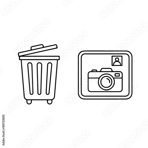 Delete photo icon and camera icon. Digital image management concept. Removing unwanted pictures, data privacy, and media organization for web and app design.
