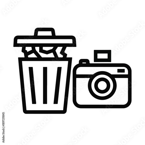 Simple outline icon depicting a trash can overflowing with crumpled paper next to a camera, representing the deletion of bad photos or digital content cleanup.