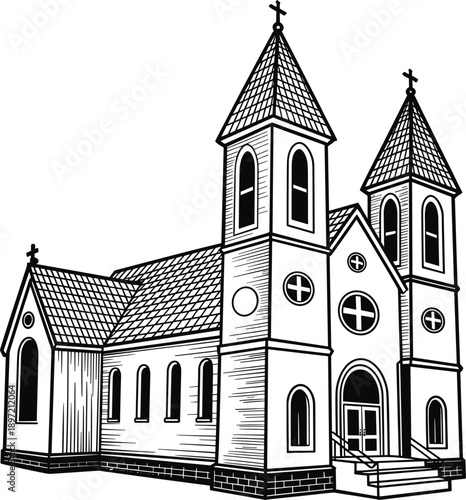 Christian church illustration, traditional cathedral building with twin towers crosses, religious architecture line art, faith symbol vector design