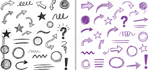 A comprehensive set of hand-drawn vector elements featuring black and purple arrows, stars, circles, and expressive scribbles in a variety of sketchy ink and textured styles.