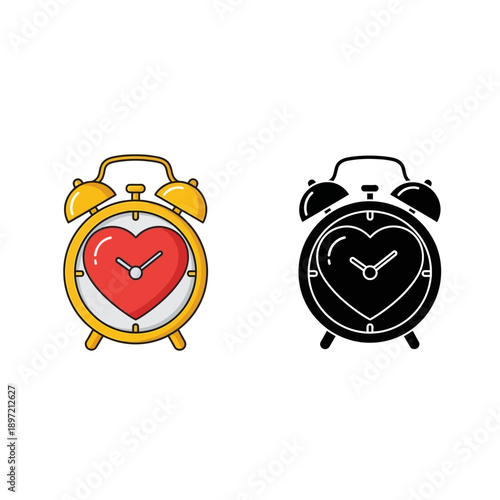 Vector illustrations of alarm clocks with heart-shaped faces in different colors.