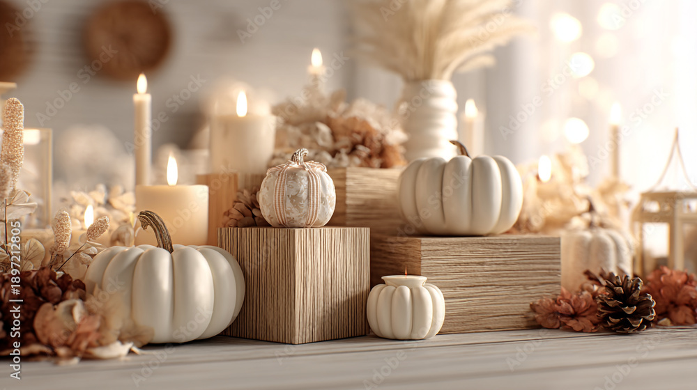 Obraz premium Warm Autumnal Still Life with White Pumpkins and Candles
