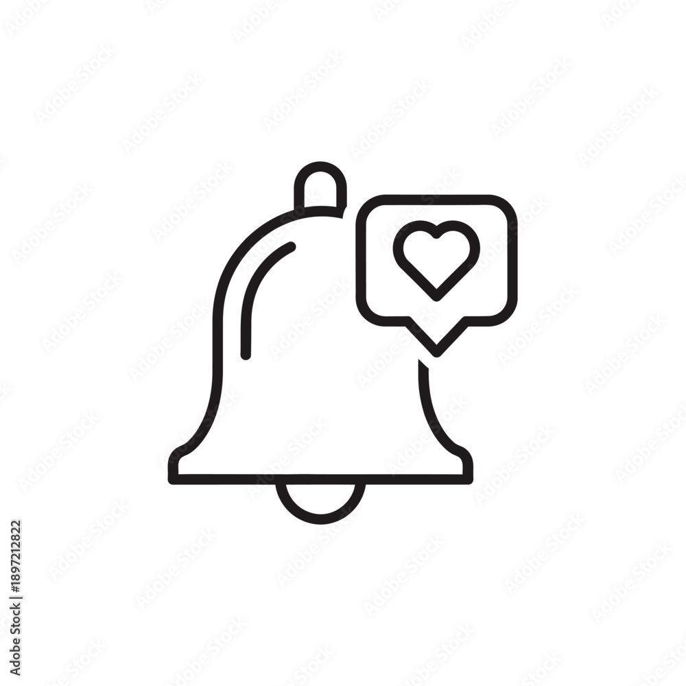Obraz premium Simple line icon of a bell with a heart notification symbol.