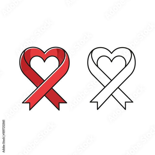Red and white awareness ribbon with heart symbol.
