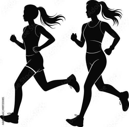 Female runner silhouettes illustration, women jogging fitness training action, healthy lifestyle cardio concept, black vector artwork design